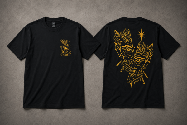 Black tattoo t-shirt with Thirst design by George – Lucky Rose Tattoo Athens