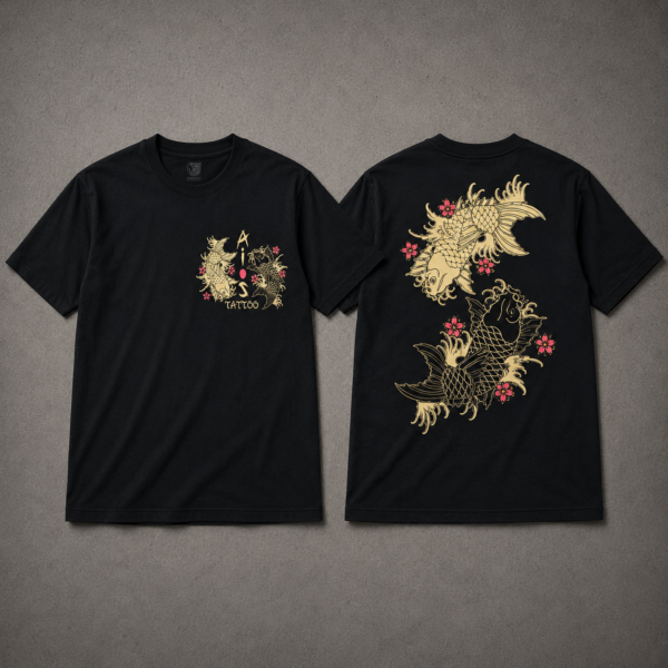 Black koi fish tattoo T-shirt – front and back design