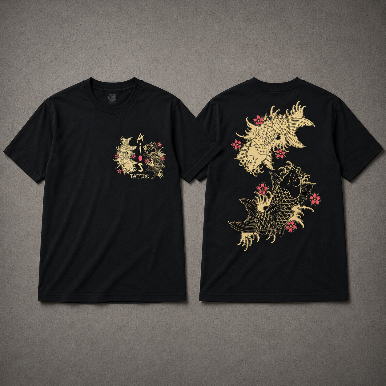 Black koi fish tattoo T-shirt – front and back design